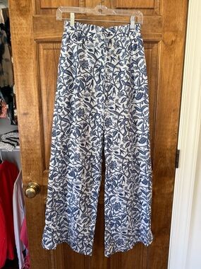 Blue and White Batik Floral Wide-Leg Pants
